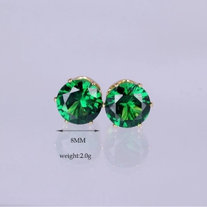 8mm round emerald green zircon stud earrings with gold six-prong setting for women