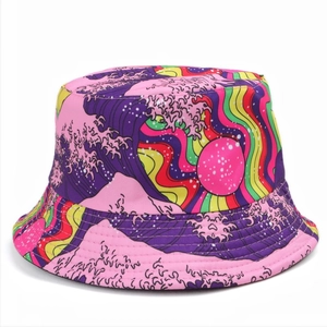 Top view of bucket hat with vibrant graffiti print and colorful wave patterns