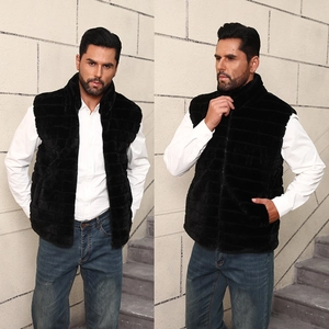 Men's stylish black faux fur vest with stand collar, perfect for winter urban outfits
