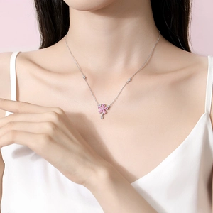 Elegant S925 silver necklace with pink peach blossom pendant and tassels for women