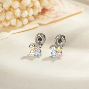 Flower Cartilage Earring Stud Titanium Steel Copper Micro Pave Multi Color Zircon Four Leaf Clover Piercing Jewelry Women