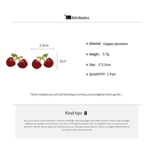 Detailed size specifications and material chart for cherry resin earrings with zircons