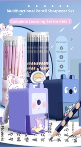 Cartoon pencils with ergonomic grip, animal sharpener and storage bucket set