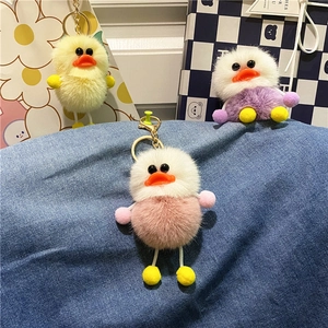 Detail of plush duck keychains in yellow pink and purple with metal ring attachments