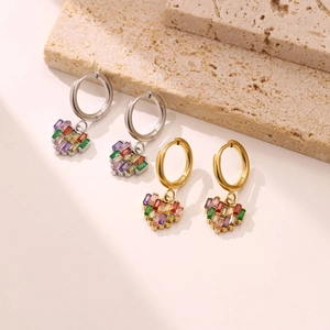 Boucles D Oreilles Créoles En Acier Inoxydable Avec Pendentif Coeur Zircon Coloré Coupe Baguette Mode Pour Femmes