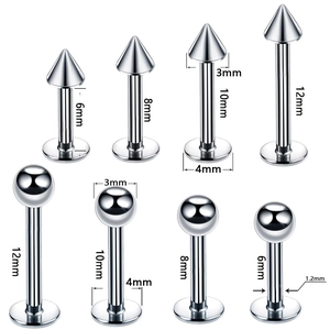 Stainless steel labret studs with cone and ball ends showing detailed size measurements