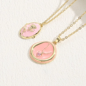 Bohemian pink heart and rose pendants on 14K gold plated chain necklace set
