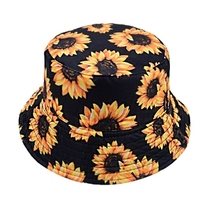 Outdoor bucket hat with sunflower print pattern on black fabric for summer sun protection
