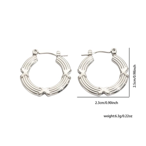 Detailed view of silver stainless steel earrings showing dimensions 2.5cm by 2.3cm and weight