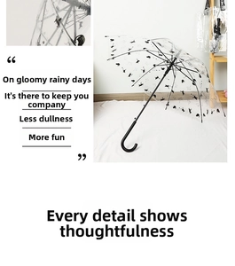 Detail of transparent umbrella featuring cute black cat silhouette patterns and black hook handle