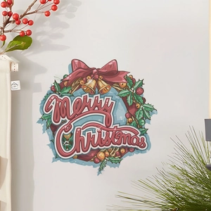 Sticker mural Joyeux Noël avec couronne verte et nœud rouge pour décoration de fête