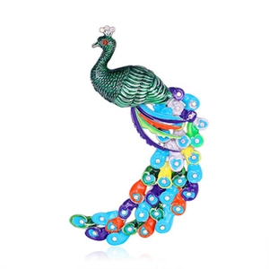 Detailed view of colorful enamel peacock brooch with rhinestones and polished alloy plating