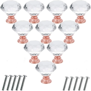 Set of 10 clear crystal glass drawer knobs with rose gold bases and mounting screws