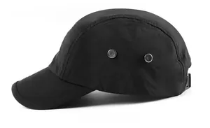 Side view of black quick-dry baseball cap with metal eyelets and adjustable strap buckle