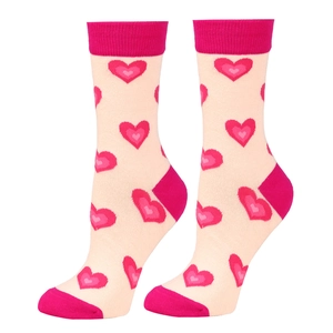 Pink heart patterned cotton socks for women with contrasting toe and heel accents