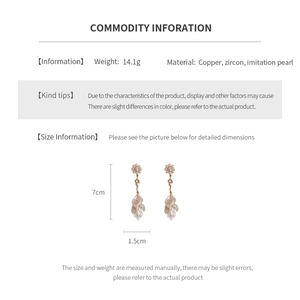 Detail specifications of pearl zircon tassel earrings with 7cm height and 1.5cm width dimensions