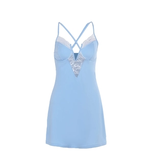 Sky blue slim-fit mini dress with lace V-neck and crisscross spaghetti straps