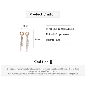 Detailed size specifications for zircon tassel earrings featuring copper and silver needle