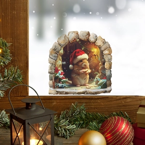 Close-up of a 3D Christmas mouse hole wall sticker with a hamster in festive setting