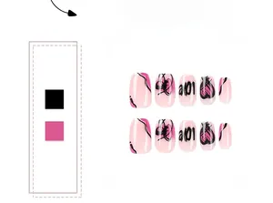 Detail of square-round purple and black french press-on nails with heart patterns