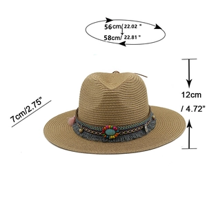 Straw fedora hat with turquoise bead band and tassels for outdoor sun protection