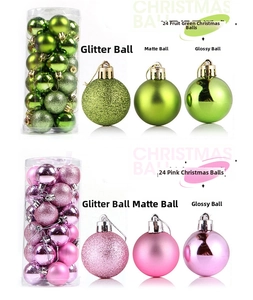 Detail of 24-piece pink and lime green Christmas ornaments with matte and glitter finishes