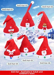Detailed view of six plush Christmas hats featuring Santa, snowman and reindeer designs