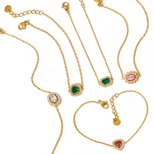 Vintage 18K gold plated stainless steel bracelets with colorful heart and geometric zircons