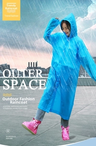 Detail of blue waterproof hooded rain poncho with drawstring and snap button closure