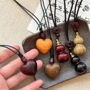 Wood Pendant Necklace Heart Gourd Shape Hand Woven Rope Retro Ethnic Style Adjustable Zen Jewelry For Women