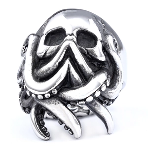 Punisher skull and octopus tentacle stainless steel ring in polished silver finish