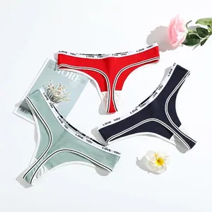 Women Cotton Thongs Ribbed T-Back Panties Breathable Low Waist Underwear With Letter Print Elastic Waistband Sporty Sexy