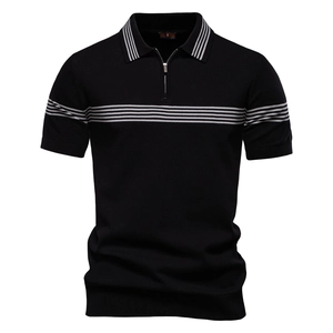 Detail of men's polo shirt featuring zipper neckline and white stripes on black knit fabric