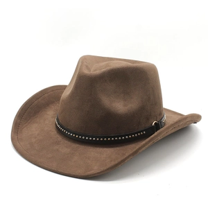 Western Cowboy Hat Suede Wide Brim Vintage Jazz Hat With Rivet Belt Adjustable Outdoor Retro Style For Men Women