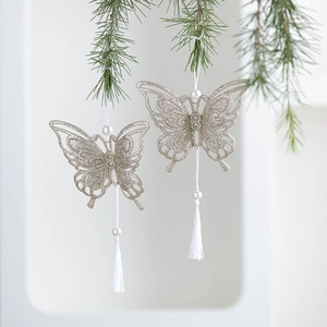 Christmas Hanging Ornaments Glitter Hollow Butterfly Heart Reindeer Snowflake With Faux Artificial Pearl Satin Tassel Festive Decor