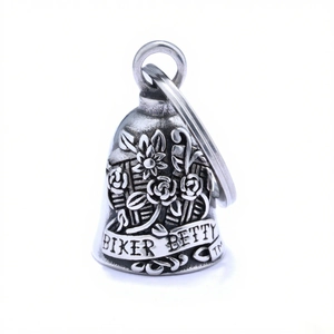Vintage silver motorcycle guardian bell pendant with embossed rose for women bikers