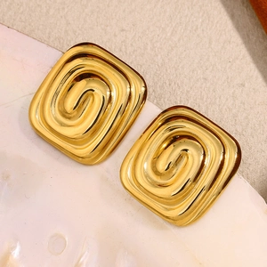 Boucles Oreilles Puces Labyrinthe Carré Acier Inoxydable Plaqué Or 18K Texture Spirale Géométrique Vintage Femmes