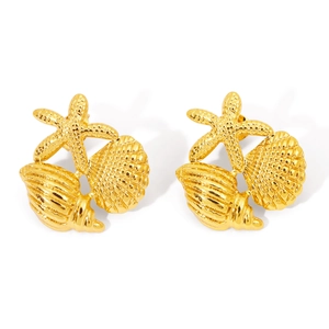 Gold ocean themed starfish and seashell earrings set on a white background