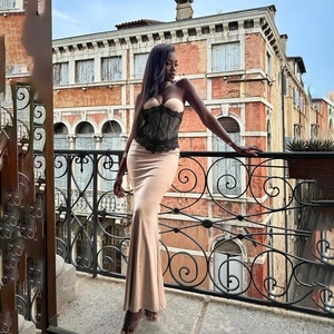 Elegant beige and black lace splicing fishtail maxi dress for women in evening style