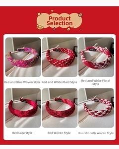 Detail showing six styles of red tweed headbands with varied textures and patterns
