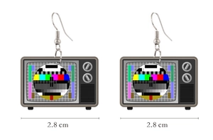Detail view of vintage TV earrings with SMPTE color bars measuring 2.8 cm wide