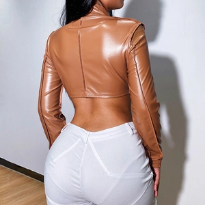 Back view of a cropped brown PU leather jacket showing slim fit cut and seam details