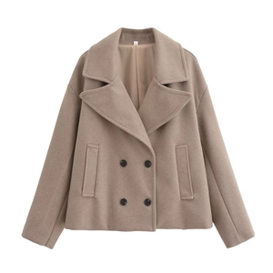 Short double-breasted wool coat in khaki with lapel collar and side pockets on white background