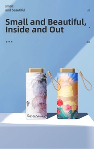 Compact six-fold umbrellas with floral and abstract oil painting patterns on flat gold handles