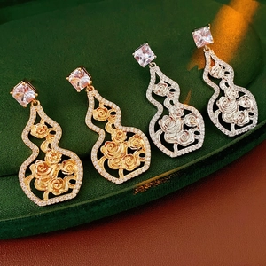 Vintage Palace Style Hollow Gourd Drop Earrings With Zircon Copper Jewelry For Women Silver Earring Post