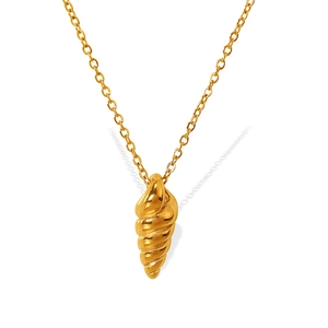 Elegant gold conch shell pendant necklace with a polished textured finish on white background