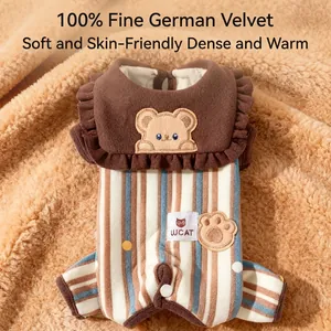 Striped warm pet jumpsuit for cats and dogs made of soft velvet with bear embroidery