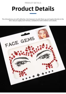 Detailansicht roter selbstklebender Strasssteine und Gesichtsjuwelen für Festivallooks
