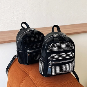 Mochila pequeña negra de moda con diamantes de imitación y gran capacidad de almacenaje