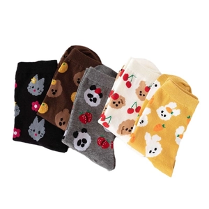 Set of cute cartoon animal cotton crew socks in five colors with animal patterns